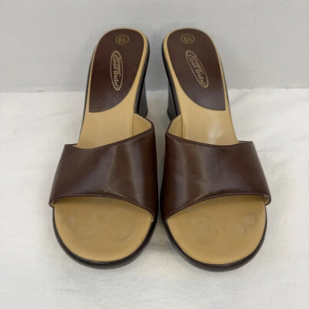 Y2K Lower East Side Brown Wedge Sandals Platform Slide Heels Vintage Womens 6.5